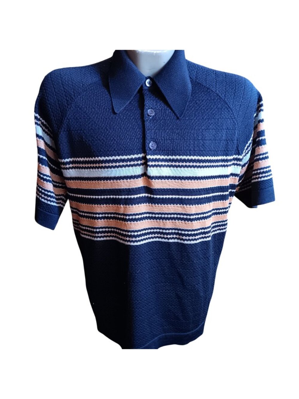 Vintage 1970's Knit Polo Shirt XL Navy Striped JC Penney Slinky Stretch Tennis